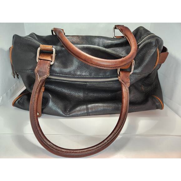 Audrey Brooke Black Pebbled Leather Tote Bag with Brown Accents and Zippered Top - Picture 2 of 12